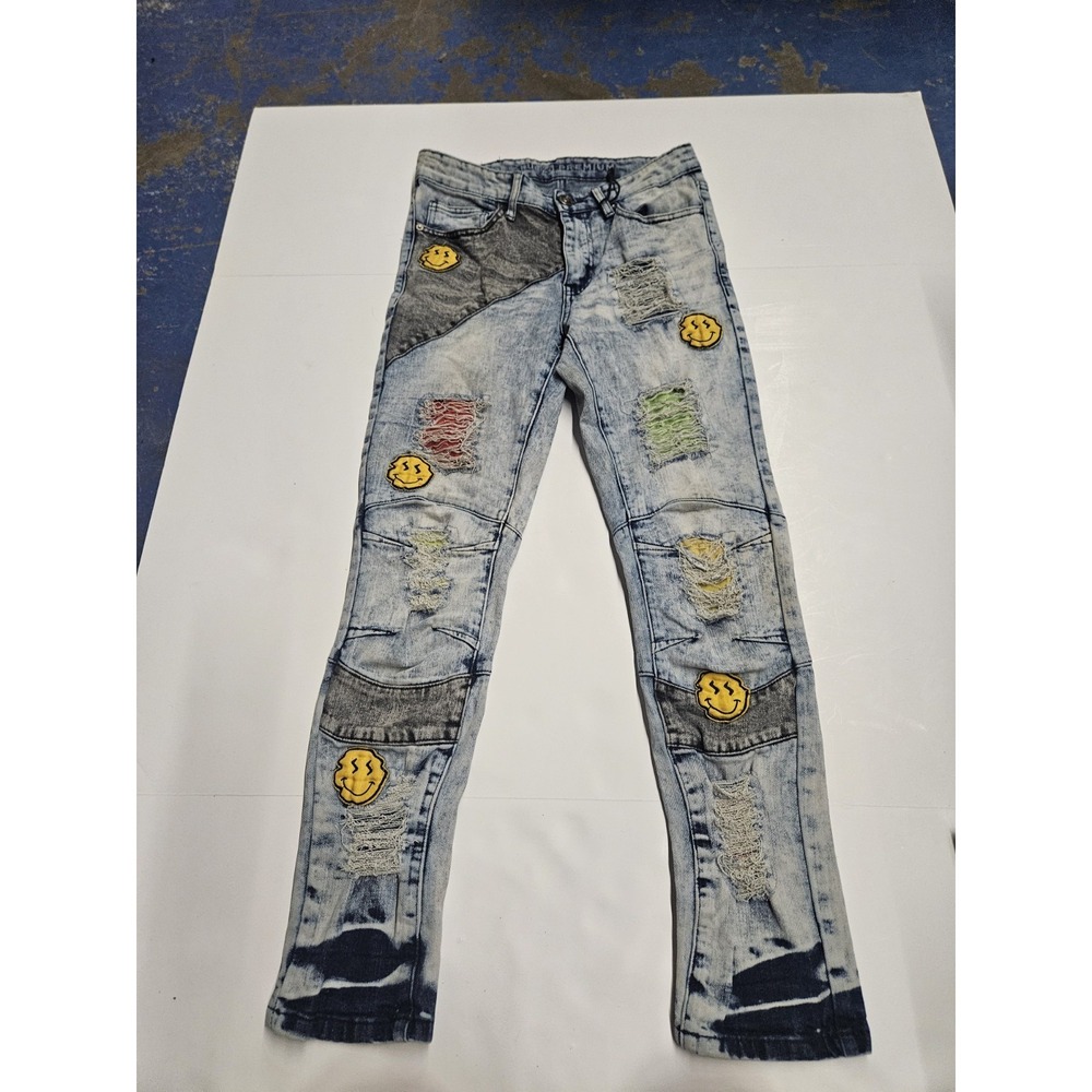 Rue 21 Prem Jeans Mens 26x30 Skinny Supreme Grunge Hippie Moto Acid Wash Patches